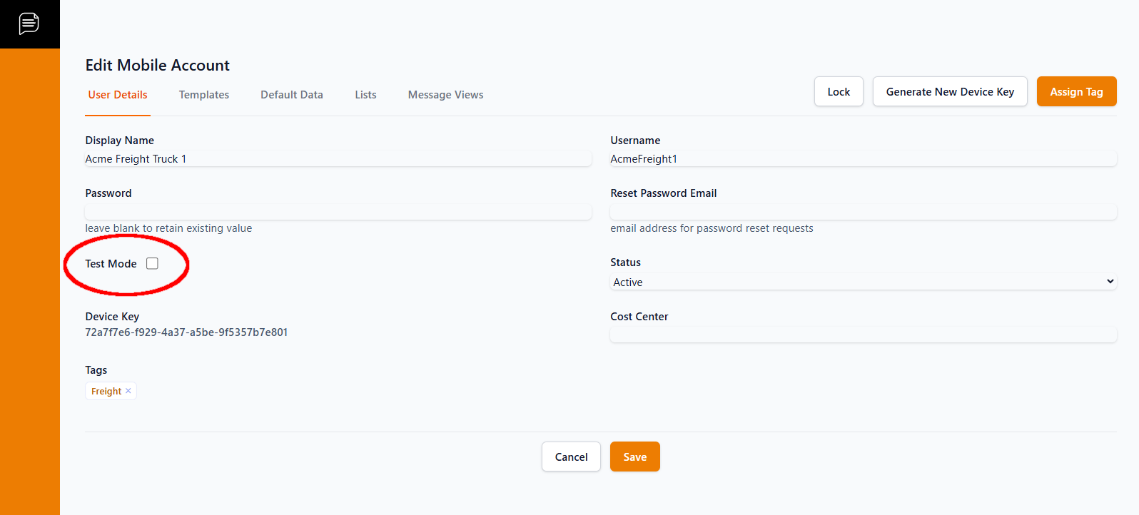 Mobile Account Test Setting