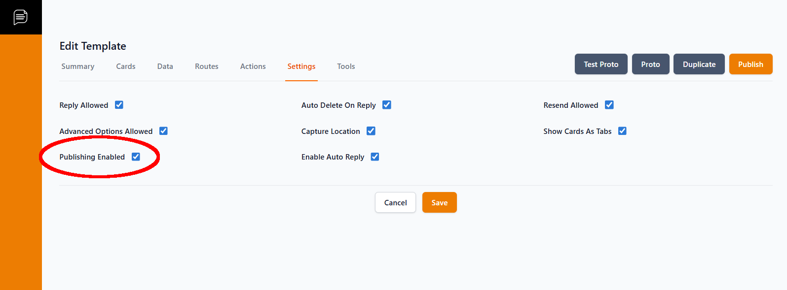 Template Publish Setting Checkbox